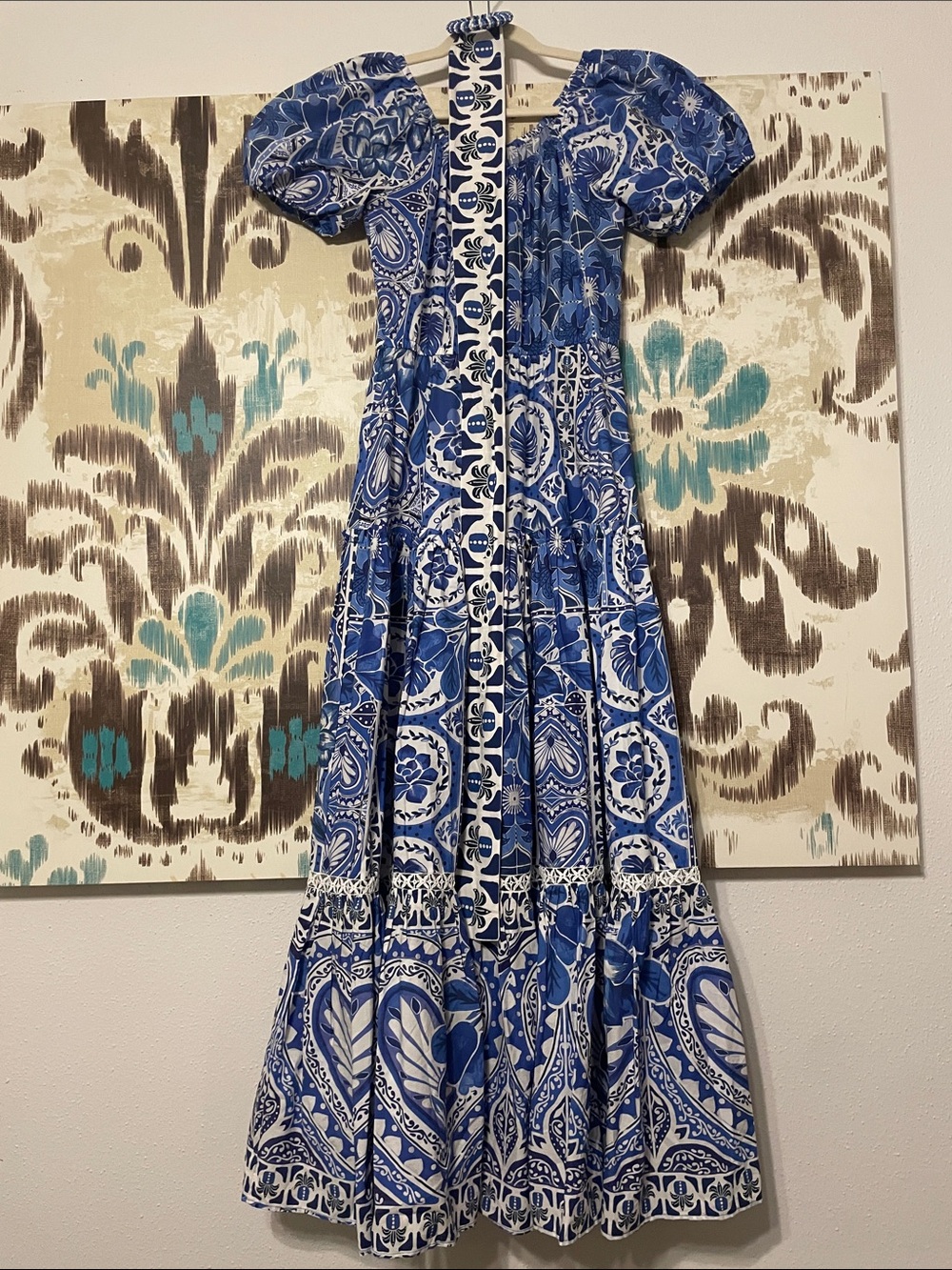Farm Rio Belted Blue and White Printed Maxi Dress